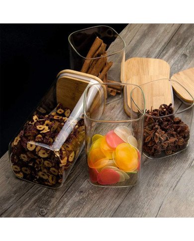 Boite de Conservation Carrée en Verre avec Couvercle en Bambou 6x12cm Boite de Conservation Carrée en Verre avec Couvercle en Bambou 6x12cm