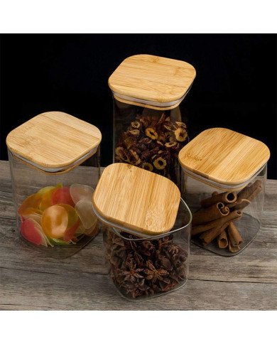 Boite de Conservation Carrée en Verre avec Couvercle en Bambou 6x15cm Boite de Conservation Carrée en Verre avec Couvercle en Bambou 6x15cm