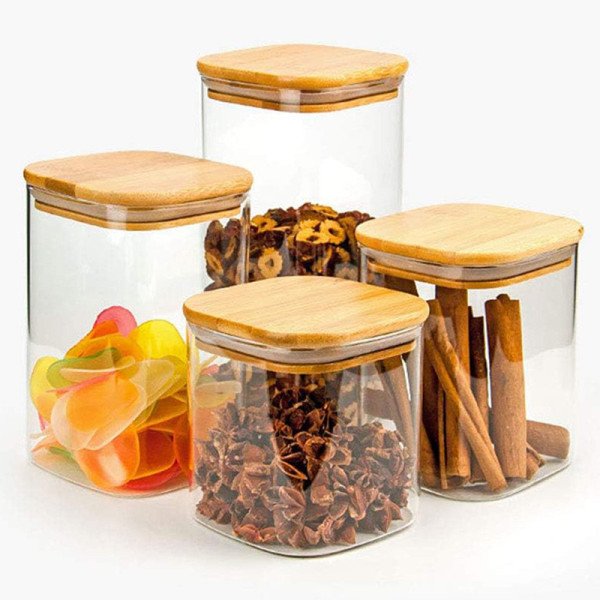 Boite de Conservation Carrée en Verre avec Couvercle en Bambou 6x15cm