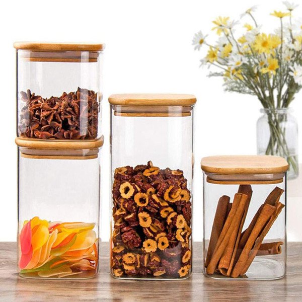 Boite de Conservation Carrée en Verre avec Couvercle en Bambou 6x15cm