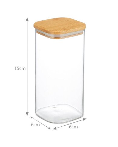 Boite de Conservation Carrée en Verre avec Couvercle en Bambou 6x15cm Boite de Conservation Carrée en Verre avec Couvercle en Bambou 6x15cm