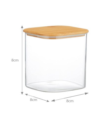 Boite de Conservation Carrée en Verre avec Couvercle en Bambou 8x8cm Boite de Conservation Carrée en Verre avec Couvercle en Bambou 8x8cm