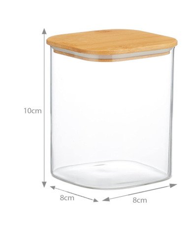 Boite de Conservation Carrée en Verre avec Couvercle en Bambou 8x10cm Boite de Conservation Carrée en Verre avec Couvercle en Bambou 8x10cm