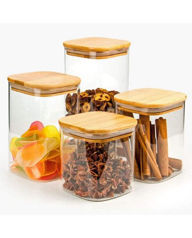 Boite de Conservation Carrée en Verre avec Couvercle en Bambou 8x15cm Boite de Conservation Carrée en Verre avec Couvercle en Bambou 8x15cm