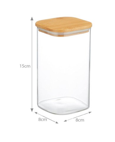 Boite de Conservation Carrée en Verre avec Couvercle en Bambou 8x15cm Boite de Conservation Carrée en Verre avec Couvercle en Bambou 8x15cm