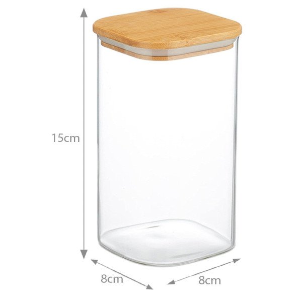 Boite de Conservation Carrée en Verre avec Couvercle en Bambou 8x15cm