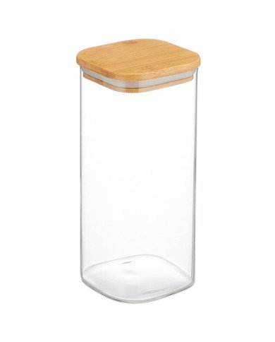Boite de Conservation Carrée en Verre avec Couvercle en Bambou 8x20cm Boite de Conservation Carrée en Verre avec Couvercle en Bambou 8x20cm