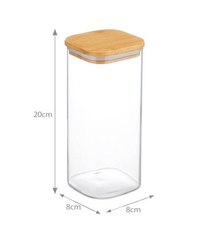 Boite de Conservation Carrée en Verre avec Couvercle en Bambou 8x20cm Boite de Conservation Carrée en Verre avec Couvercle en Bambou 8x20cm