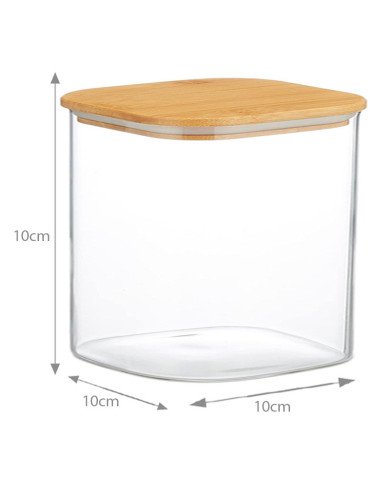 Boite de Conservation Carrée en Verre avec Couvercle en Bambou 10x10cm Boite de Conservation Carrée en Verre avec Couvercle en Bambou 10x10cm