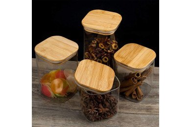 Boite de Conservation Carrée en Verre avec Couvercle en Bambou 10x12cm
