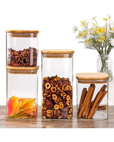 Boite de Conservation Carrée en Verre avec Couvercle en Bambou 10x15cm Boite de Conservation Carrée en Verre avec Couvercle en Bambou 10x15cm