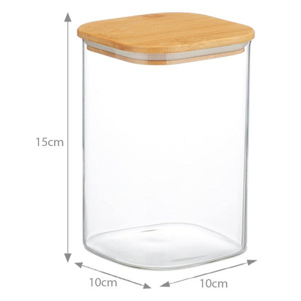 Boite de Conservation Carrée en Verre avec Couvercle en Bambou 10x15cm