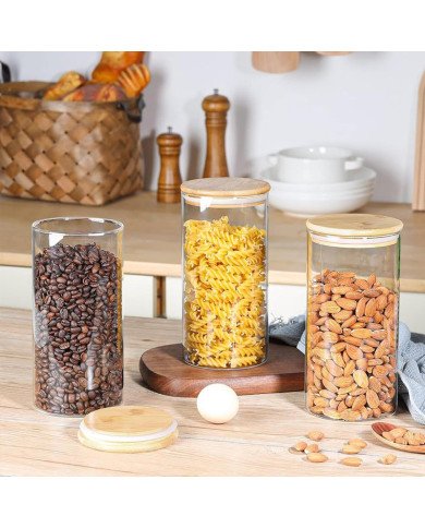 Boite de Conservation Ronde en Verre avec Couvercle en Bambou Ø6,5cm H Boite de Conservation Ronde en Verre avec Couvercle en Bambou Ø6,5cm H