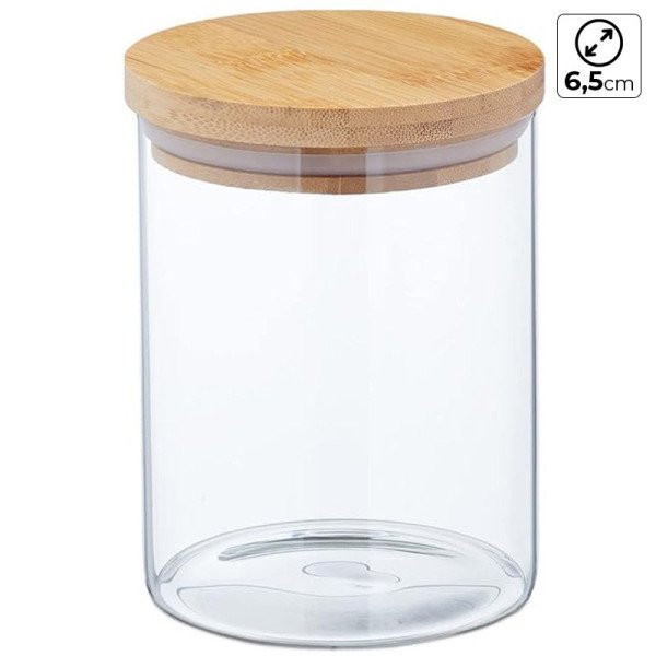 Boite de Conservation Ronde en Verre avec Couvercle en Bambou Ø6,5cm H:10cm Boite de Conservation Ronde en Verre avec Couvercle en Bambou Ø6,5cm H:10cm
