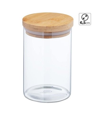 Boite de Conservation Ronde en Verre avec Couvercle en Bambou Ø6,5cm H:12cm Boite de Conservation Ronde en Verre avec Couvercle en Bambou Ø6,5cm H:12cm