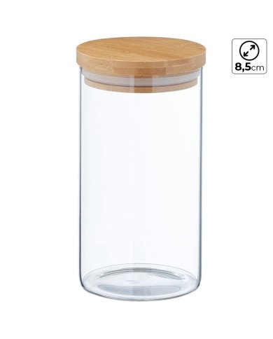 Boite de Conservation Ronde en Verre avec Couvercle en Bambou Ø 8,5cm H:15cm Boite de Conservation Ronde en Verre avec Couvercle en Bambou Ø 8,5cm H:15cm
