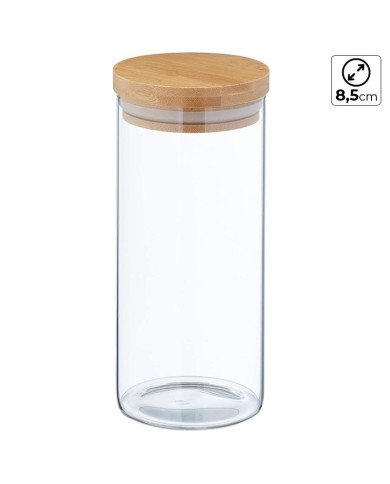 Boite de Conservation Ronde en Verre avec Couvercle en Bambou Ø 8,5cm H:20cm Boite de Conservation Ronde en Verre avec Couvercle en Bambou Ø 8,5cm H:20cm