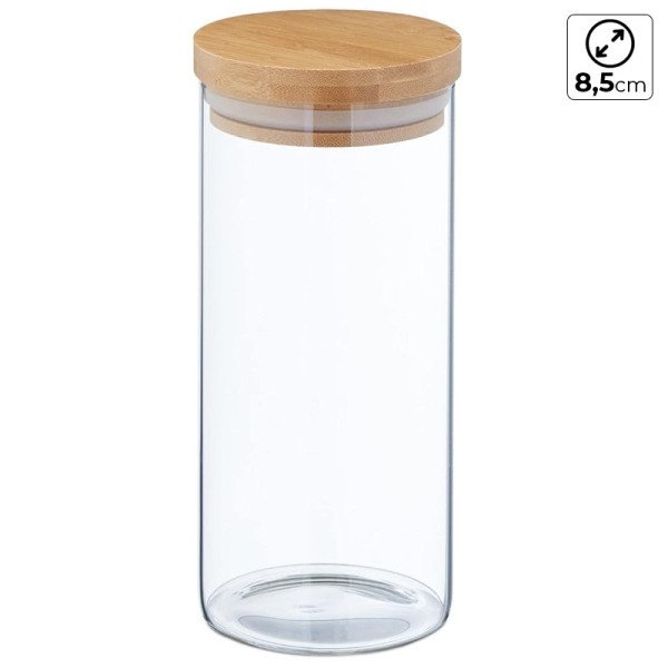 Boite de Conservation Ronde en Verre avec Couvercle en Bambou Ø 8,5cm H:20cm Boite de Conservation Ronde en Verre avec Couvercle en Bambou Ø 8,5cm H:20cm