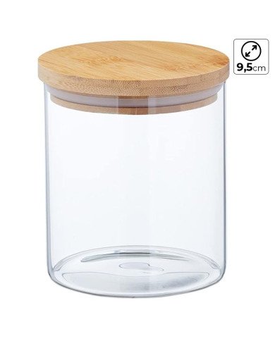 Boite de Conservation Ronde en Verre avec Couvercle en Bambou Ø 9,5cm H:10cm Boite de Conservation Ronde en Verre avec Couvercle en Bambou Ø 9,5cm H:10cm