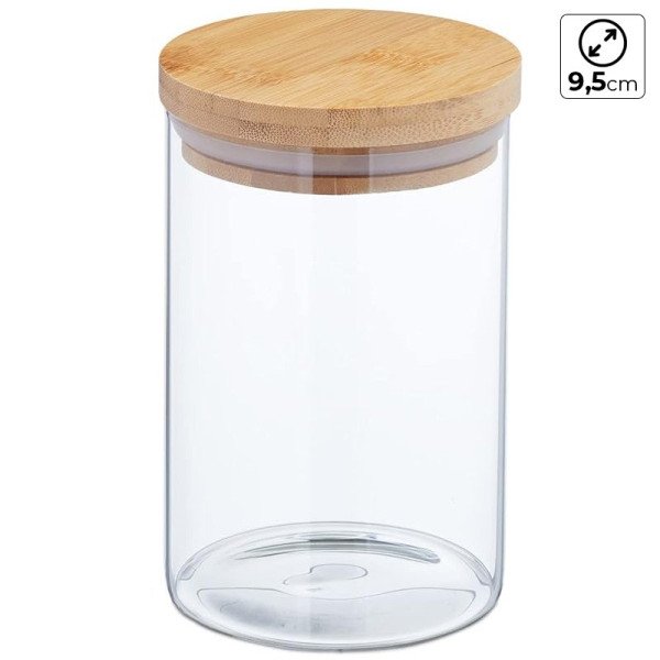 Boite de Conservation Ronde en Verre avec Couvercle en Bambou Ø 9,5cm H:15cm Boite de Conservation Ronde en Verre avec Couvercle en Bambou Ø 9,5cm H:15cm