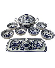 Service à soupe en céramique artisanale bleu et blanc 11pcs