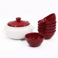 Service à soupe 7 pièces en céramique en Blanc et Rouge
