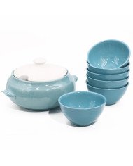 Service à soupe 7 pièces en céramique en blanc mat et turquoise