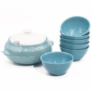 Service à soupe 7 pièces en céramique en blanc mat et turquoise