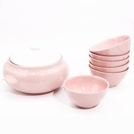Service à soupe 7 pièces en céramique en Rose et Blanc