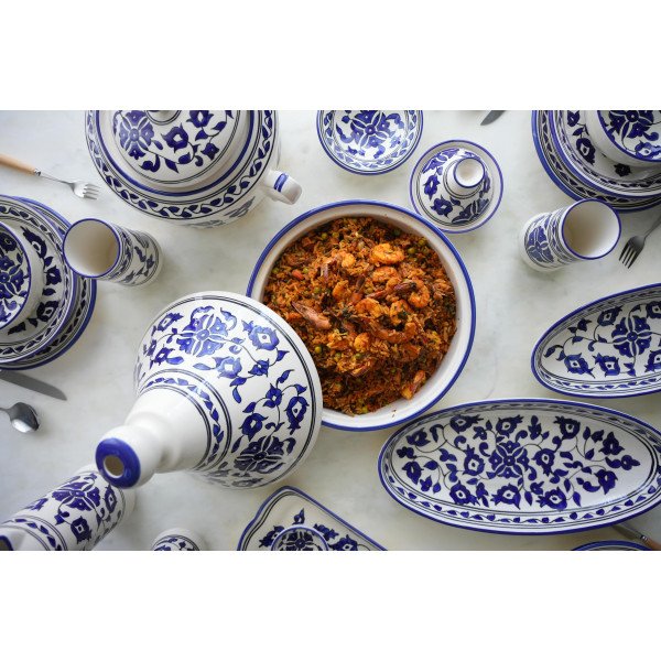 Service à soupe en céramique artisanale bleu et blanc 11pcs