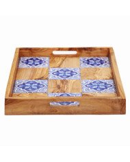 Plateau à Servir en Bois et Céramique 40x30cm – Design Artisanal