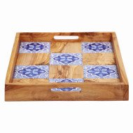 Plateau à Servir en Bois et Céramique 40x30cm – Design Artisanal