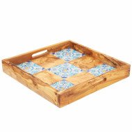 Plateau à Servir en Bois et Céramique 30x30cm – Design Artisanal