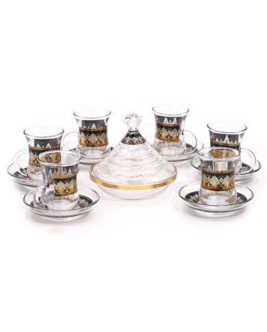 Service de 6 Verres à Thé 80ml - Verres et sous-tasses + Sucrier décorés 13pcs - ARAMORO Service de 6 Verres à Thé 80ml - Verres et sous-tasses + Sucrier décorés 13pcs - ARAMORO