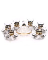Service de 6 Verres à Thé 80ml - Verres et sous-tasses + Sucrier décorés 13pcs - ARAMORO