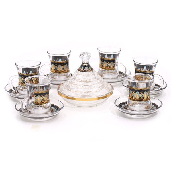 Service de 6 Verres à Thé 80ml - Verres et sous-tasses + Sucrier décorés 13pcs - ARAMORO Service de 6 Verres à Thé 80ml - Verres et sous-tasses + Sucrier décorés 13pcs - ARAMORO