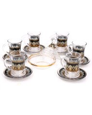 Service de 6 Verres à Thé 120ml - Verres et sous-tasses + Sucrier décorés 13pcs - ARAMORO