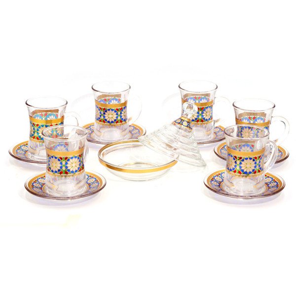 Service de 6 Verres à Thé 120ml - Verres et sous-tasses + Sucrier décorés 13pcs - ARAMORO Service de 6 Verres à Thé 120ml - Verres et sous-tasses + Sucrier décorés 13pcs - ARAMORO