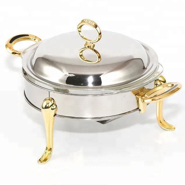 Chauffe-Plat Rond en Inox 1.8 Litres avec Poignées et Pieds Dorés Chauffe-Plat Rond en Inox 1.8 Litres avec Poignées et Pieds Dorés