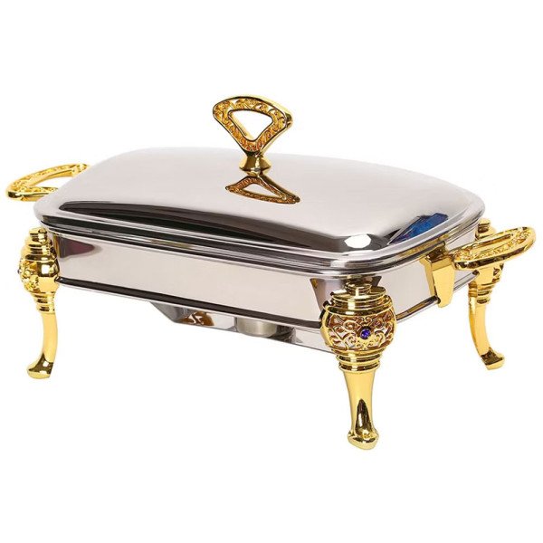 Chauffe-Plat Rectangulaire en Inox 2.4 Litres avec Poignées et Pieds Dorés Chauffe-Plat Rectangulaire en Inox 2.4 Litres avec Poignées et Pieds Dorés
