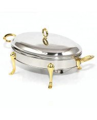 Chauffe-Plat Ovale en Inox 3 Litres avec Poignées et Pieds Dorés Chauffe-Plat Ovale en Inox 3 Litres avec Poignées et Pieds Dorés