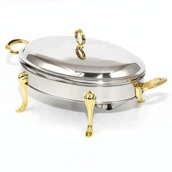 Chauffe-Plat Ovale en Inox 3 Litres avec Poignées et Pieds Dorés Chauffe-Plat Ovale en Inox 3 Litres avec Poignées et Pieds Dorés
