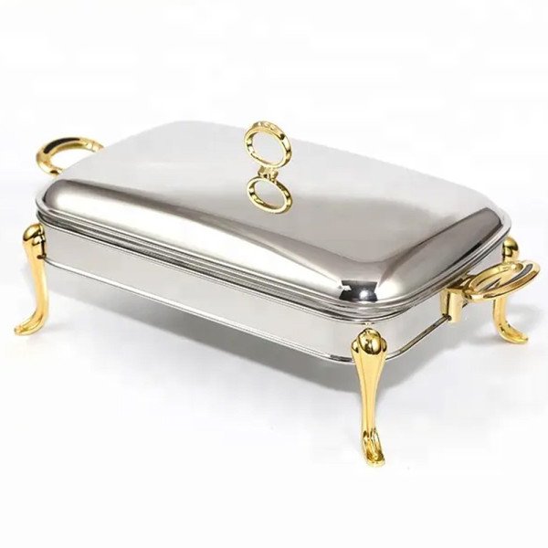 Chauffe-Plat Rectangulaire en Inox 3 Litres avec Poignées et Pieds Dorés Chauffe-Plat Rectangulaire en Inox 3 Litres avec Poignées et Pieds Dorés
