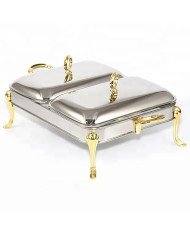 Chauffe-Plat Rectangulaire Double en Inox 2pièces x 1.8 Litres avec Poignées et Pieds Dorés Chauffe-Plat Rectangulaire Double en Inox 2pièces x 1.8 Litres avec Poignées et Pieds Dorés