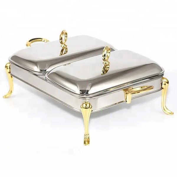 Chauffe-Plat Rectangulaire Double en Inox 2pièces x 1.8 Litres avec Poignées et Pieds Dorés Chauffe-Plat Rectangulaire Double en Inox 2pièces x 1.8 Litres avec Poignées et Pieds Dorés