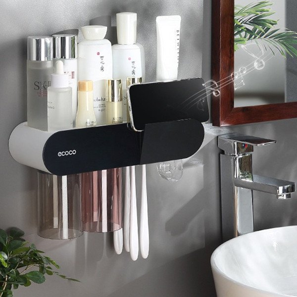 Organisateur Mural Multifonction - Distributeur de Dentifrice + Porte-gobelets + Rangement - ECOCO Organisateur Mural Multifonction - Distributeur de Dentifrice + Porte-gobelets + Rangement - ECOCO