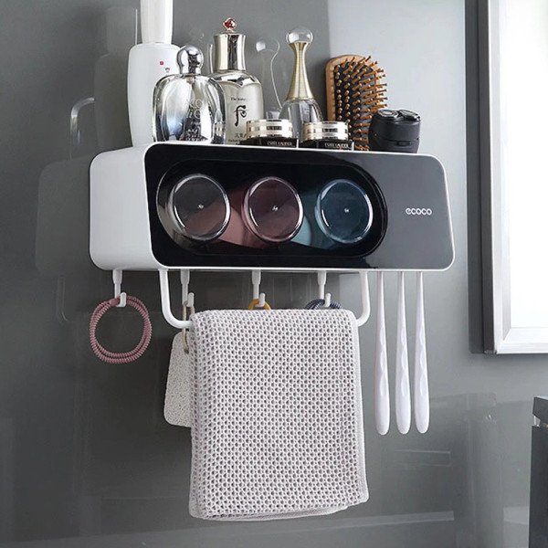 Organisateur Mural Salle de Bain - Distributeur + Porte-gobelets + Crochets + Support Serviette - ECOCO Organisateur Mural Salle de Bain - Distributeur + Porte-gobelets + Crochets + Support Serviette - ECOCO