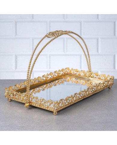 Plateau Doré Rectangulaire avec Bordure Perlée et Poignée Arquée 30/19cm - Zeyve