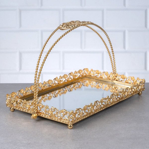 Plateau Doré Rectangulaire avec Bordure Perlée et Poignée Arquée 30/19cm - Zeyve