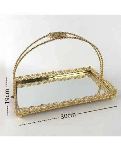 Plateau Doré Rectangulaire avec Bordure Perlée et Poignée Arquée 30/19